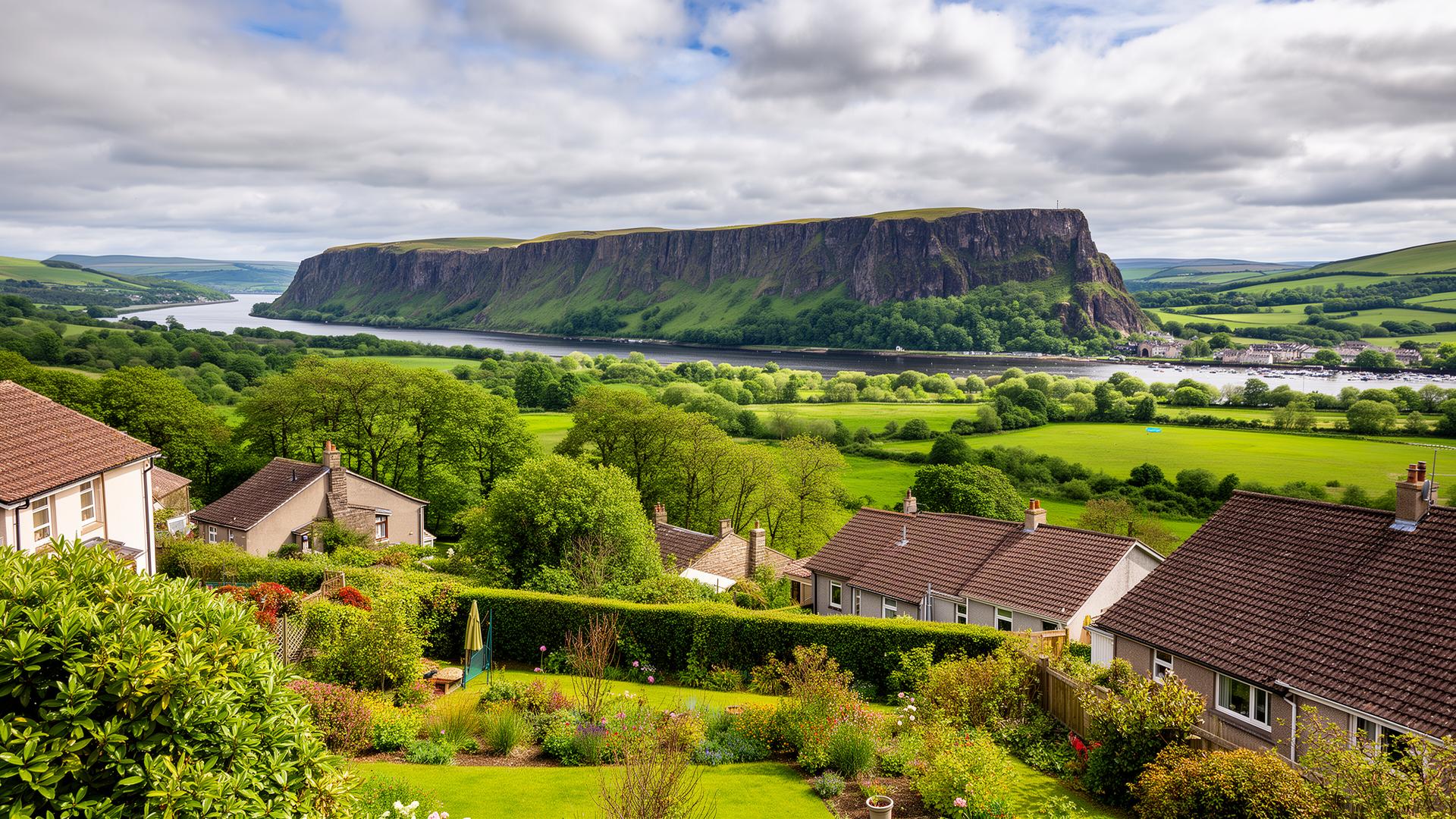Dumbarton Rock and River Leven with residential gardens in West Dunbartonshire